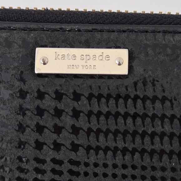 KATE SPADE Large Leather Wallet Black Grey Houndstooth Print Zip Around - Picture 3 of 16